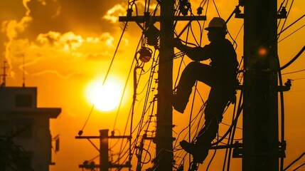 Silhouette of an Electrician Fixing Power Lines in an Industrial Landscape