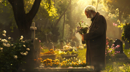an old man holding flowers, standing in front of a grave in a cemetary, there is sun dappling through flower trees