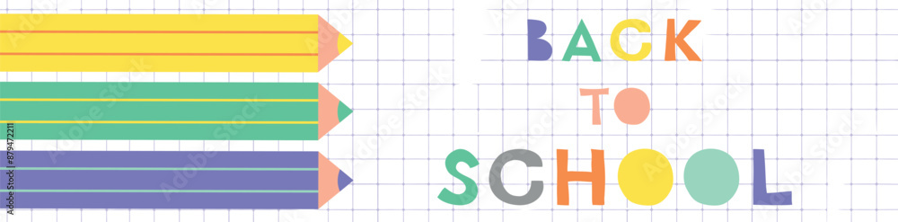 Wall mural back to school header. a checkered notebook with pencils and a playful back to school inscription. c