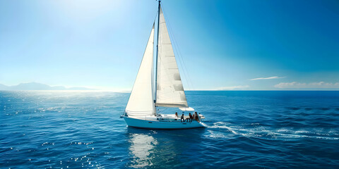 Obraz premium Sailing adventure on the open sea with a boat cruising under the clear blue sky and sunny weather, creating the perfect summer escape.