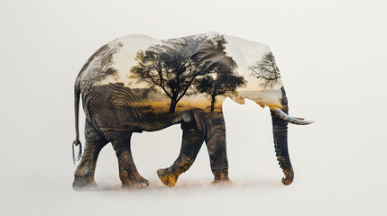double exposure effect of an elephant walking and green jungle. World wildlife day