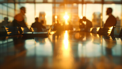 Sunset casts a warm glow on a modern office meeting room with silhouettes of people in discussion, creating a professional and tranquil ambiance.