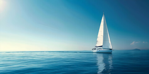 Obraz premium Tranquil blue ocean with a solitary white sailboat under a clear sky, capturing the essence of peaceful sailing and serene seascape.