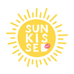Sun with text sun kissed and lips. Cute lettering sun isolated on white background. Vector Icon illustration for label, card, logo, emblem.