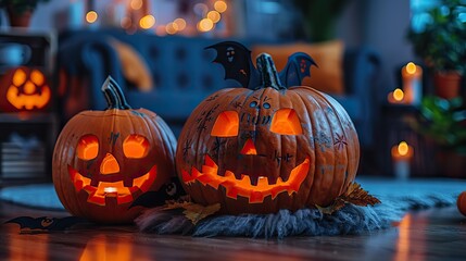 Fototapeta premium happy halloween concept festive decorations jack o lantern pumpkins skull bats in nordic style interior,illustration