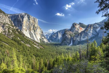 Obraz premium Breathtaking View of Yosemite National Park with Distant Waterfall and Majestic Cliffs - Natural Beauty at its Finest