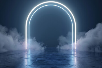 3d render of glowing white neon light arch on dark blue background