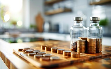 Kitchen counter filled with stacked coins and glass jars, representing budgeting and financial planning in a domestic setting.