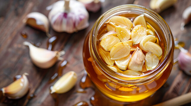 Close-up of sliced garlic cloves in honey, contained in a glass jar. Honey infused garlic.