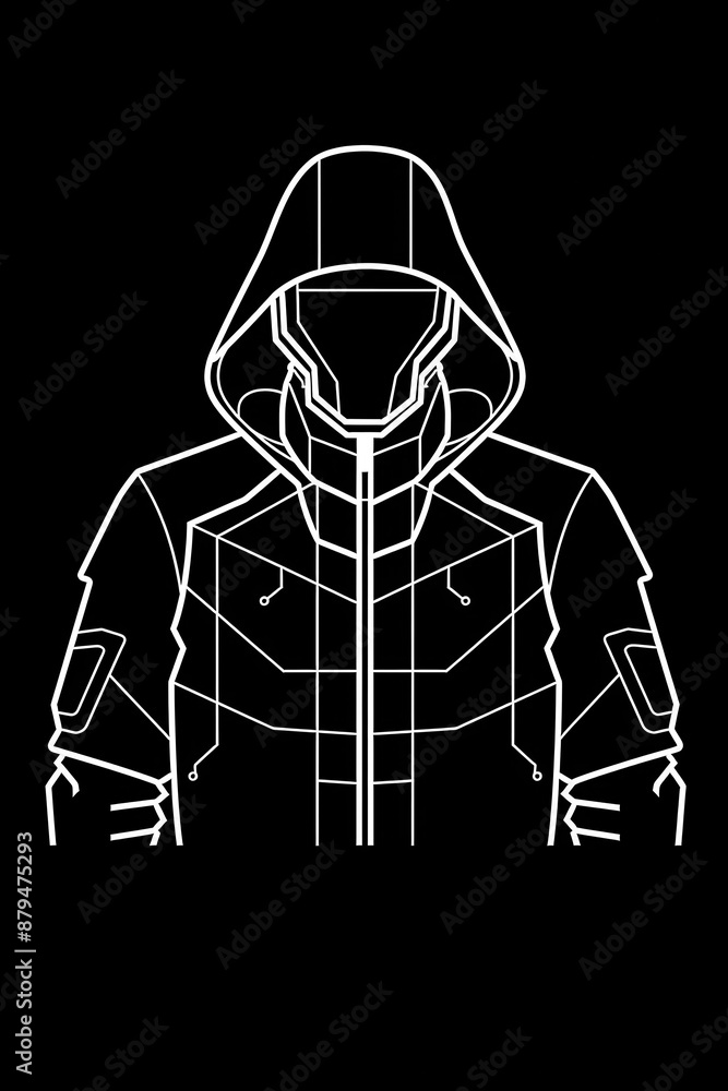 Poster an outline of a cyberpunk hacker with digital elements in white on a black background for the logo.