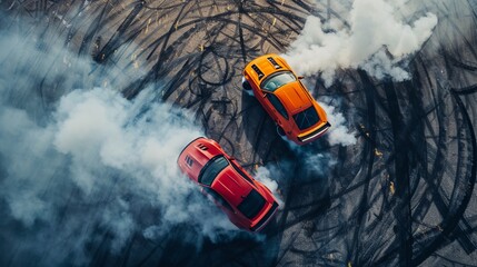 Two vividly colored sports cars perform synchronized stunts, creating circular drift marks on the ground and filling the scene with swirling smoke, emphasizing precision and skill.