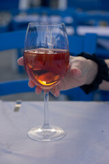 Glass of rose wine in the restaurant 