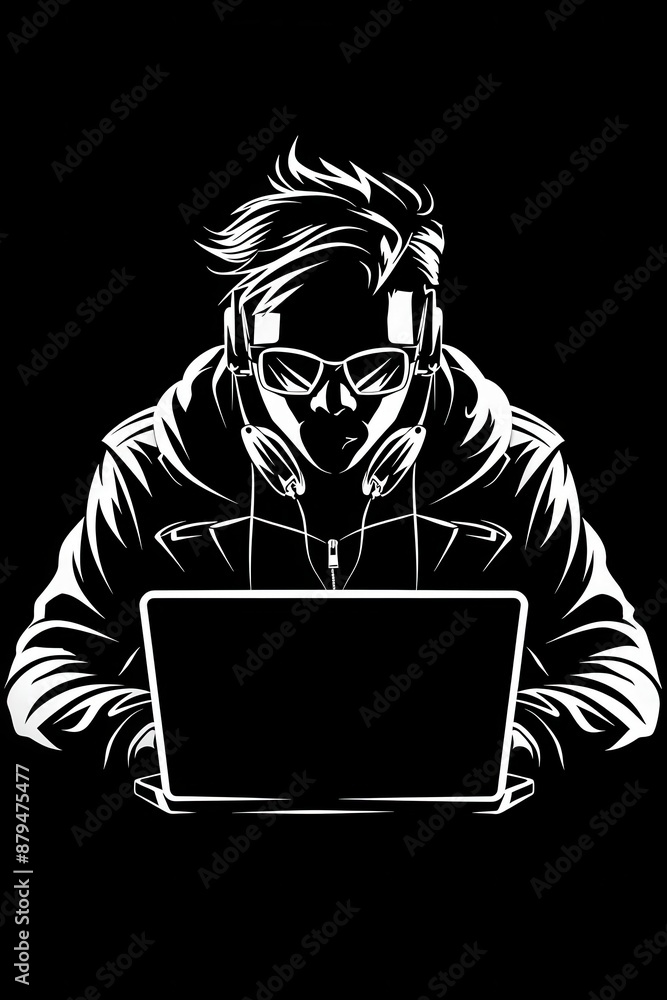 Poster a white logo outline of a cyberpunk hacker with digital elements on a dark background adds a futuris