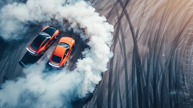 Two orange sports cars are captured mid-drift on an asphalt track, generating thick white tire smoke, illustrating the excitement and precision of high-speed maneuvers.