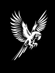 Fototapeta premium An elegant Scarlet macaw outlined in white on a black background, perched gracefully on a branch.