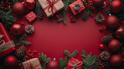 christmas ornaments,gift boxes frame borders xmas decoration on red background happy new year greeting card template top view flat lay,stock image
