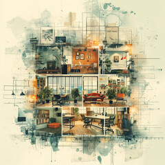 A collage of different rooms with a theme of modern living. The rooms are filled with furniture and plants, creating a cozy and inviting atmosphere