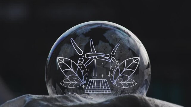 Cg. Renewable energy symbols inside a freezing soap bubble. Fragile planet concept