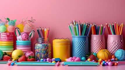 back to school concept double border frame of school supplies on pink background,image