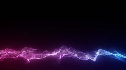 Abstract technology wave with motion glowing dots. Dark cyberspace in digital background. Connection big data. Futuristic wireframe texture. Dynamic analysis a network connection. 3D rendering.