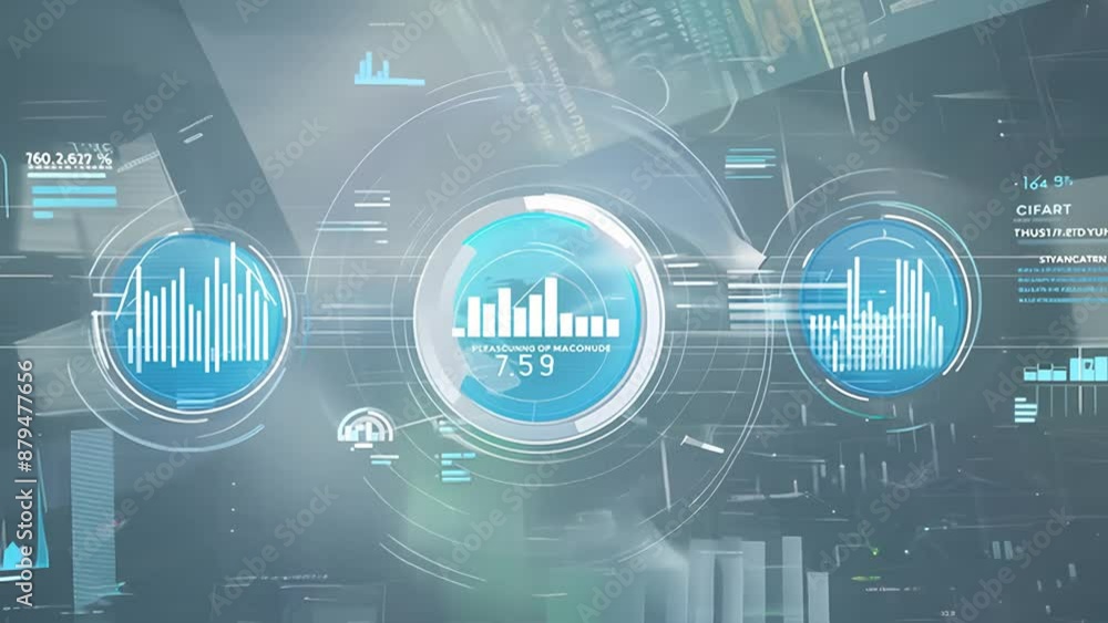 Poster animated blue circle with data visualization and graphic elements