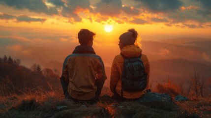 Obraz premium Romantic Sunrise on Autumn Mountain Peak - Serene Photography with Sony A7R IV | Couple Watching Sun, Nature Scenery, Love and Peaceful Mood