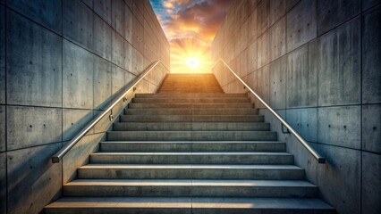 Dimly lit concrete stairway ascending to a radiant horizon, symbolizing relentless pursuit of career advancement and entrepreneurial triumph.