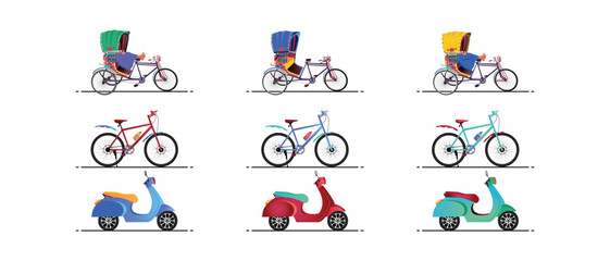 A set of Two wheelers, Bicycle scooter and rickshaw illustrations Bangladeshi Rickshaw art Tri cycle of Dhaka city