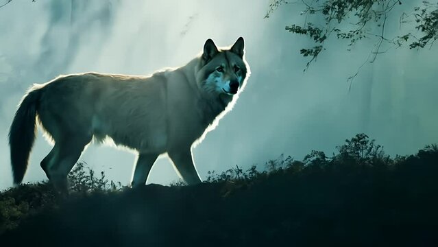 A Lone Wolf Walking Through a Misty Forest During the Day