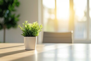 minimalist office space with a single plant and a chair