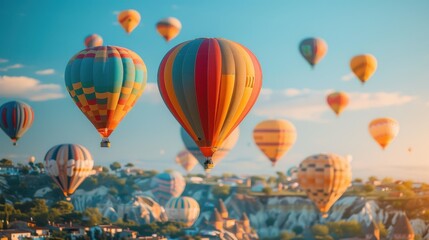Fototapeta premium Vibrant Hot Air Balloon Festival: Colorful Balloons Soaring in Clear Blue Sky