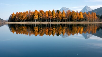 Obraz premium Lake reflections capturing the vivid colors of the surrounding landscape in a mirror-like surface Illustration, Image, , Minimalism,