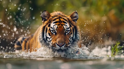 Obraz premium A powerful tiger with piercing eyes emerges through the water with a splash, highlighting its strength and majesty in a dynamic and captivating natural setting.