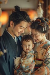 Fototapeta premium Japanese family wearing traditional kimono celebrating shichi go san festival