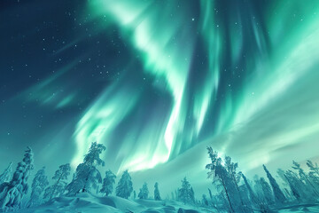 Fototapeta premium Generative ai on theme of beautiful northern lights, bright aurora borealis winter in atmosphere