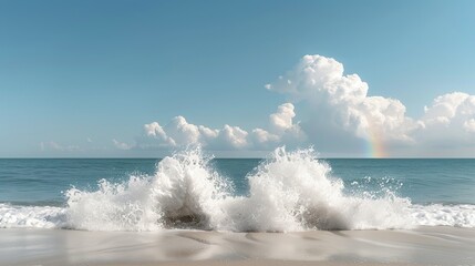 Fototapeta premium Ocean waves crashing against the shore under a rainbow-filled sky evoking a sense of wonder and beauty Illustration, Image, , Minimalism,