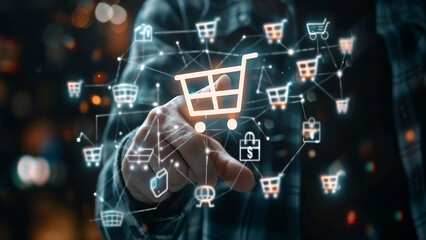 E-commerce and online shopping concept with icons, website ad, email, social network, SEO, video, mobile app,Digital online marketing commerce sale concept, virtual screen,ecommerce growth concept,