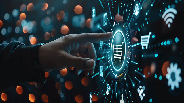 E-commerce and online shopping concept with icons, website ad, email, social network, SEO, video, mobile app,Digital online marketing commerce sale concept, virtual screen,ecommerce growth concept,