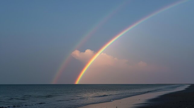 A rainbow stretching over the ocean at sunset creating a mesmerizing and serene coastal scene Illustration, Image, , Minimalism,