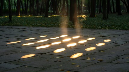 Leaf patterns illuminated by sunlight creating a natural tapestry of light and shadow in the forest Illustration, Image, , Minimalism,