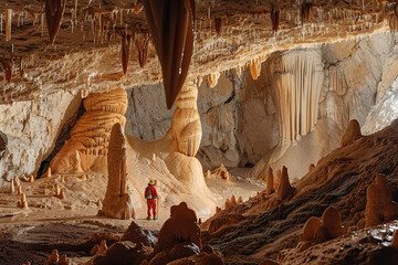 Generative ai on theme of a large beautiful sharp stalactites hanging down from deep mountain cave