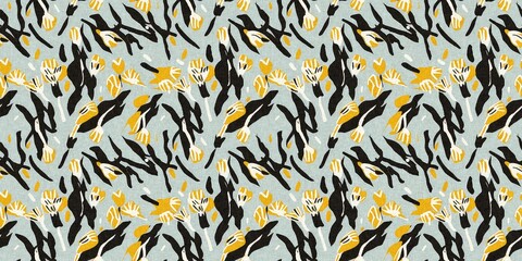 Modern printed fabric flower block print pattern with linen texture effect. Stylized boho dark floral for chic fashion background motif border design.