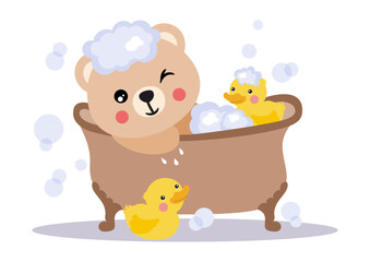 Cute little teddy bear taking a bath