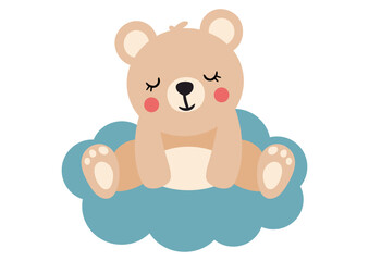 Cute teddy bear sitting on blue cloud