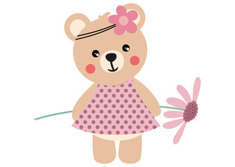 Cute teddy bear wearing a dress holding a big flower