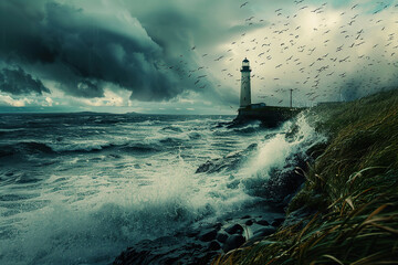 Fototapeta premium Generative ai on theme of large retro lighthouse with beam of bright light shining out to blue sea