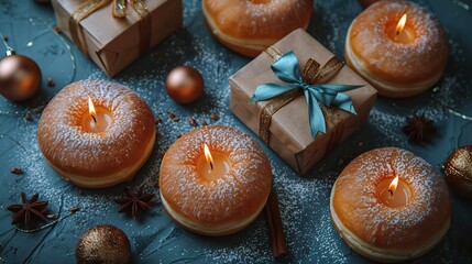 jewish holiday hanukkah concept flat lay composition,traditional jelly donut menorah candles,gift boxes on blue background flat lay top view,image
