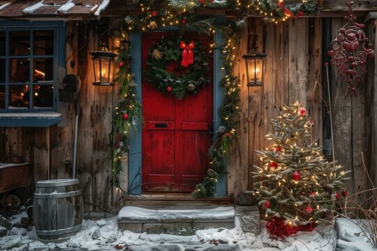Rustic log cabin with a red door decorated for christmas, glowing lanterns and a christmas tree covered in snow
