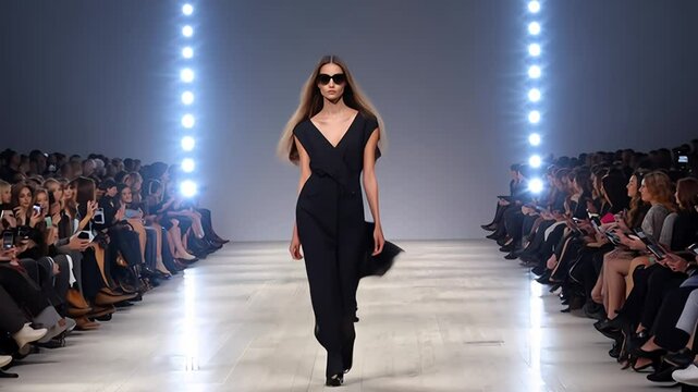 Fashion Show Model Walks Runway in Black Dress