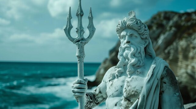 A robust Poseidon statue stands with his trident overlooking the rocky shore and turbulent sea, symbolizing strength and the tumultuous nature of the oceans.